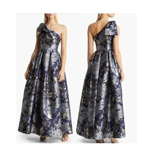 Eliza J Metallic Floral Asymmetric Gown